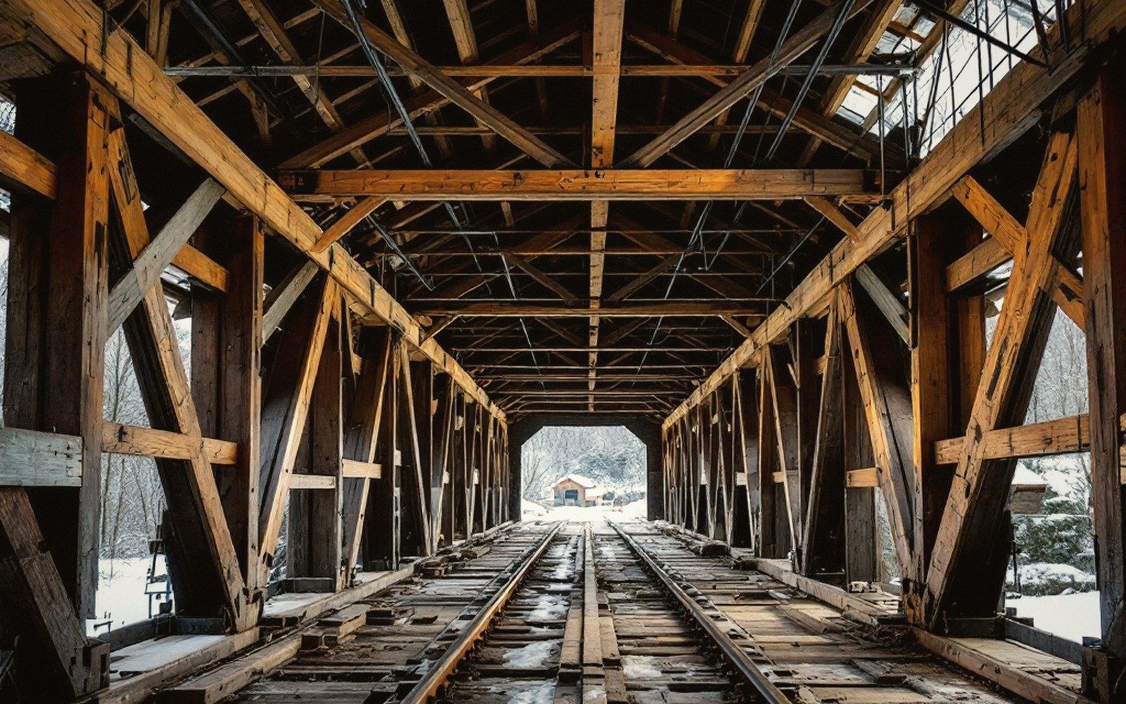 The interior of a covered railway bridge in winter, rails running along the deck between heavy braced timber trusses