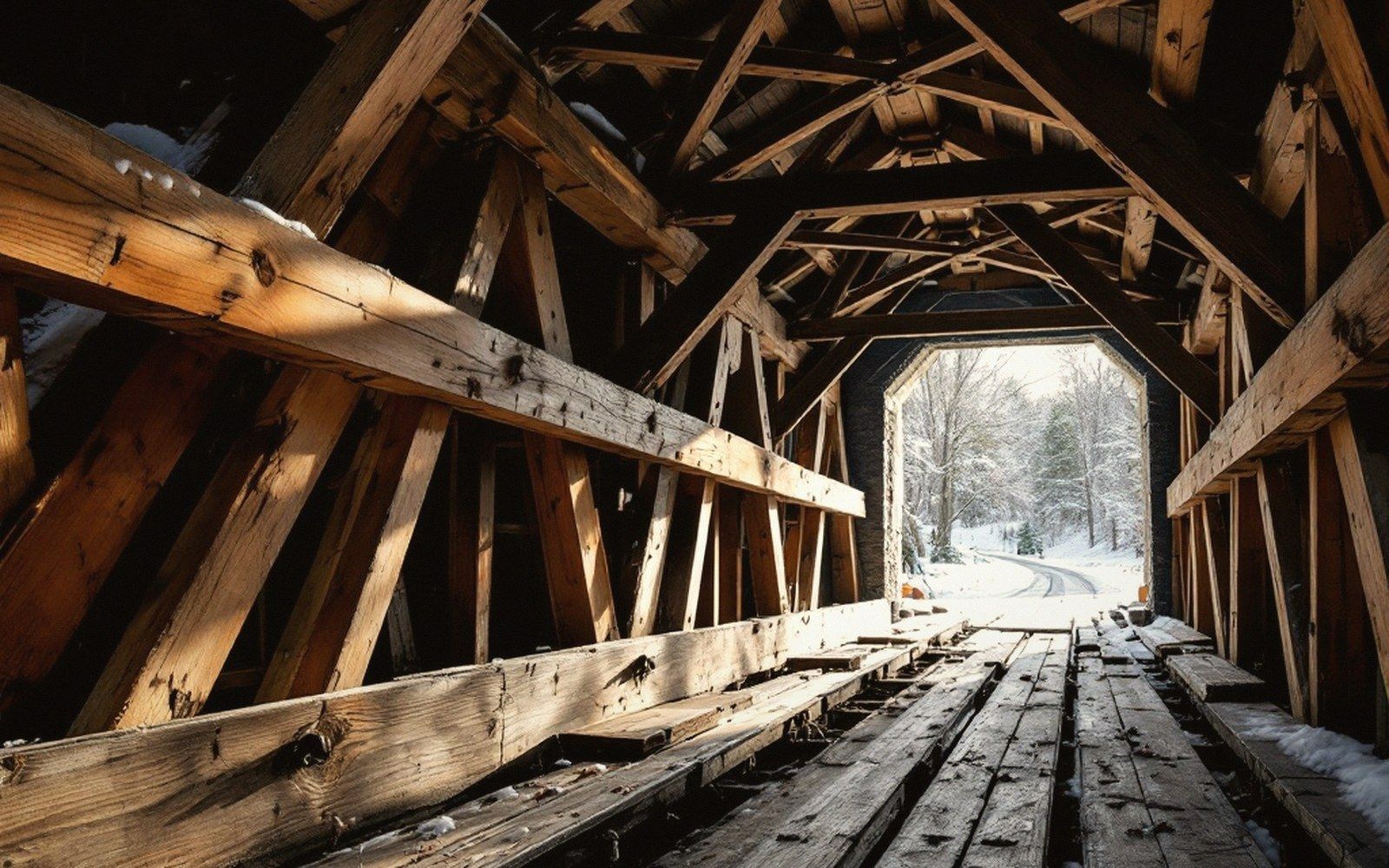 Interior of a covered bridge in winter, heavy sawn diagonals lit by low sun, snow and trees visible through the far portal