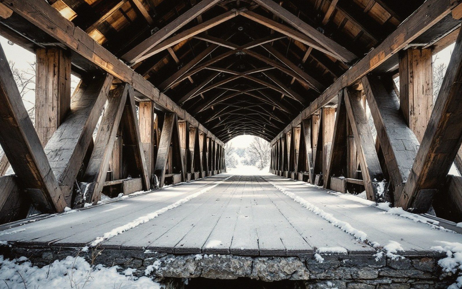 Snow drifted across the plank deck of a covered bridge, braced trusses on both sides and a stone abutment in the foreground